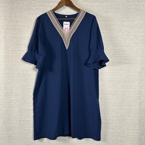 Blue Lace Trim Tunic Top Boho V Neck Flutter Sleeve Loose Fit Casual Blouse